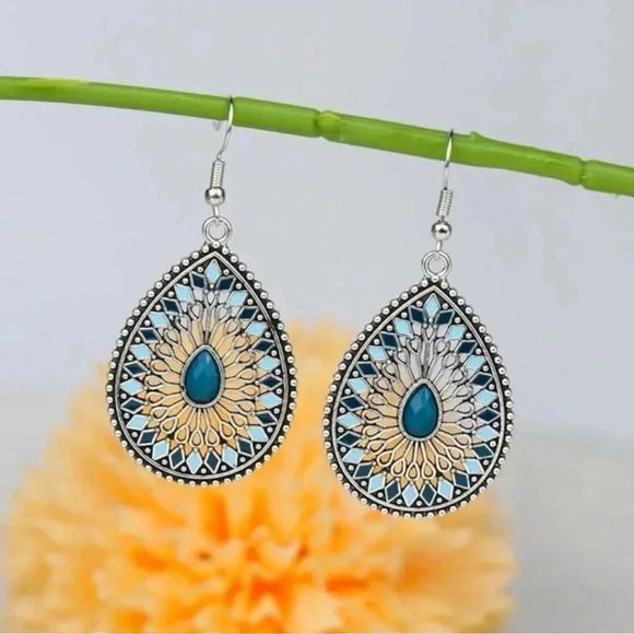 Silver Turquoise Tear Drop Bohemian Earrings - Picture 2 of 5